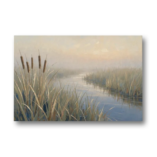 Foggy Morning Painting of Cattails in the Marsh - Canvas Wall Art - Front