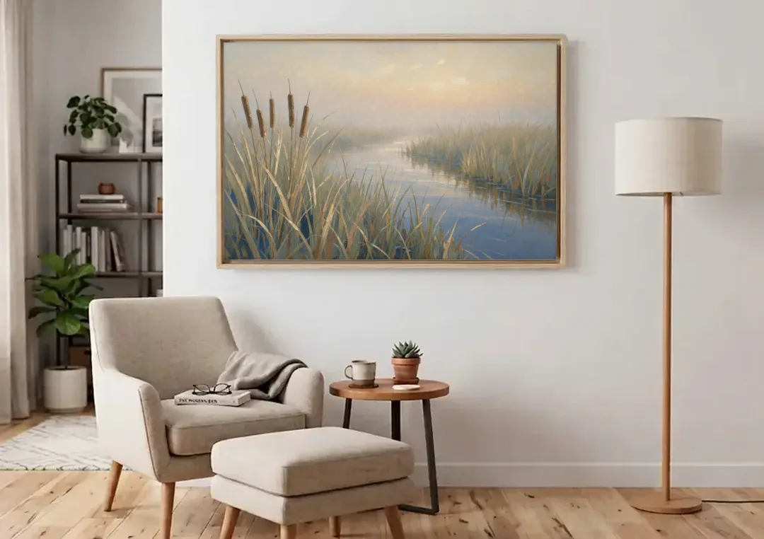 Foggy Morning Painting of Cattails in the Marsh canvas wall art above an armchair in a bright living room
