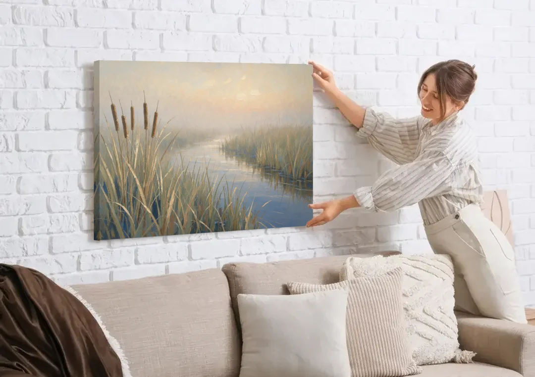 Foggy Morning Painting of Cattails in the Marsh canvas wall art being hung on a white brick wall above a sofa