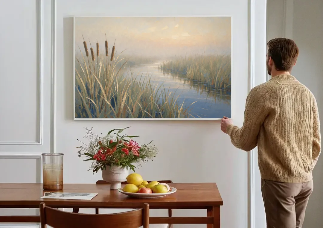 Foggy Morning Painting of Cattails in the Marsh canvas wall art above a dining table