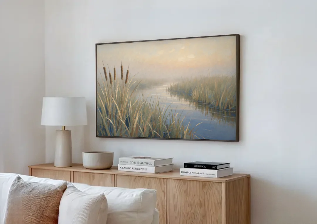 Foggy Morning Painting of Cattails in the Marsh canvas wall art above a wooden sideboard next to a sofa