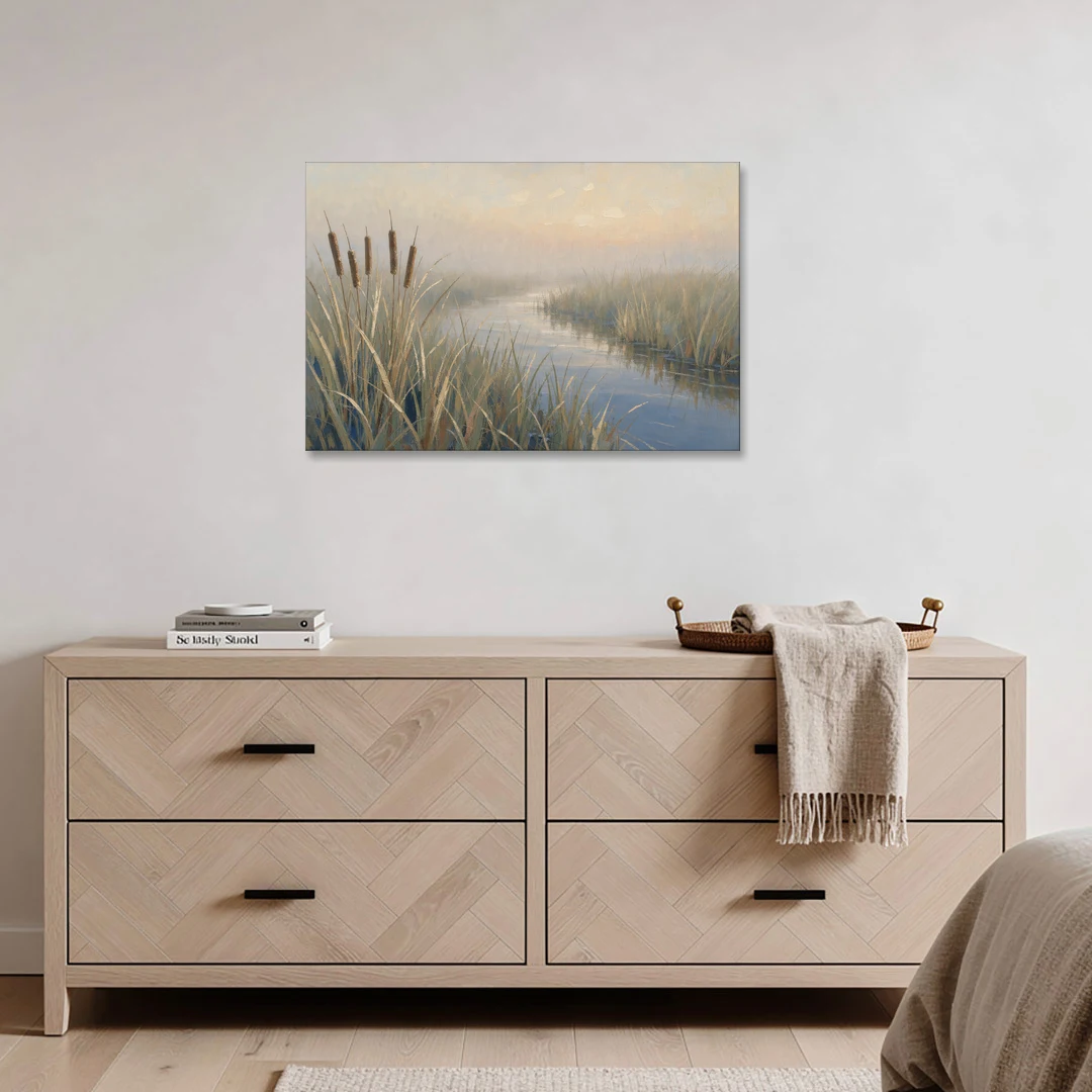 Foggy Morning Painting of Cattails in the Marsh - Canvas Wall Art - Coffee Table - 36x24