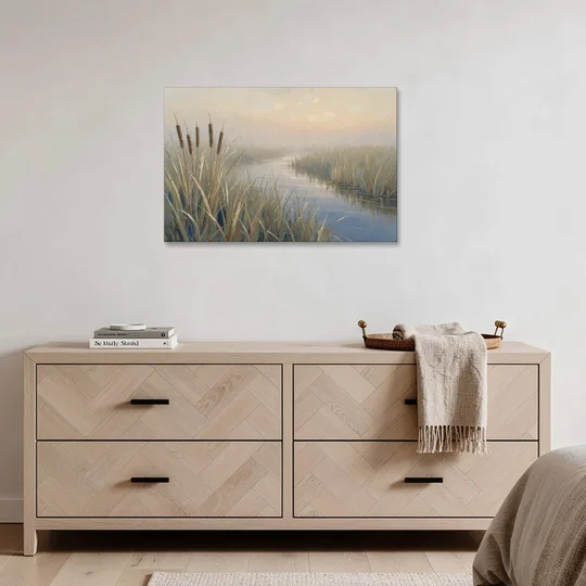 Foggy Morning Painting of Cattails in the Marsh - Canvas Wall Art - Coffee Table - 36x24