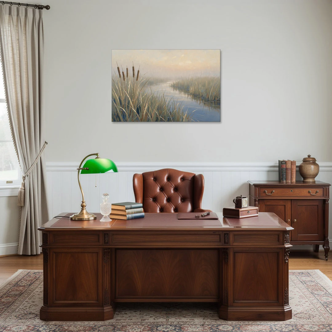 Foggy Morning Painting of Cattails in the Marsh - Canvas Wall Art - Office - 36x24