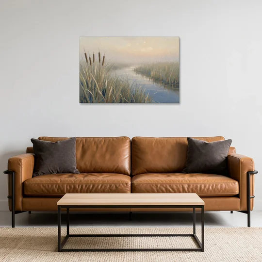 Foggy Morning Painting of Cattails in the Marsh - Canvas Wall Art - Sofa - 36x24