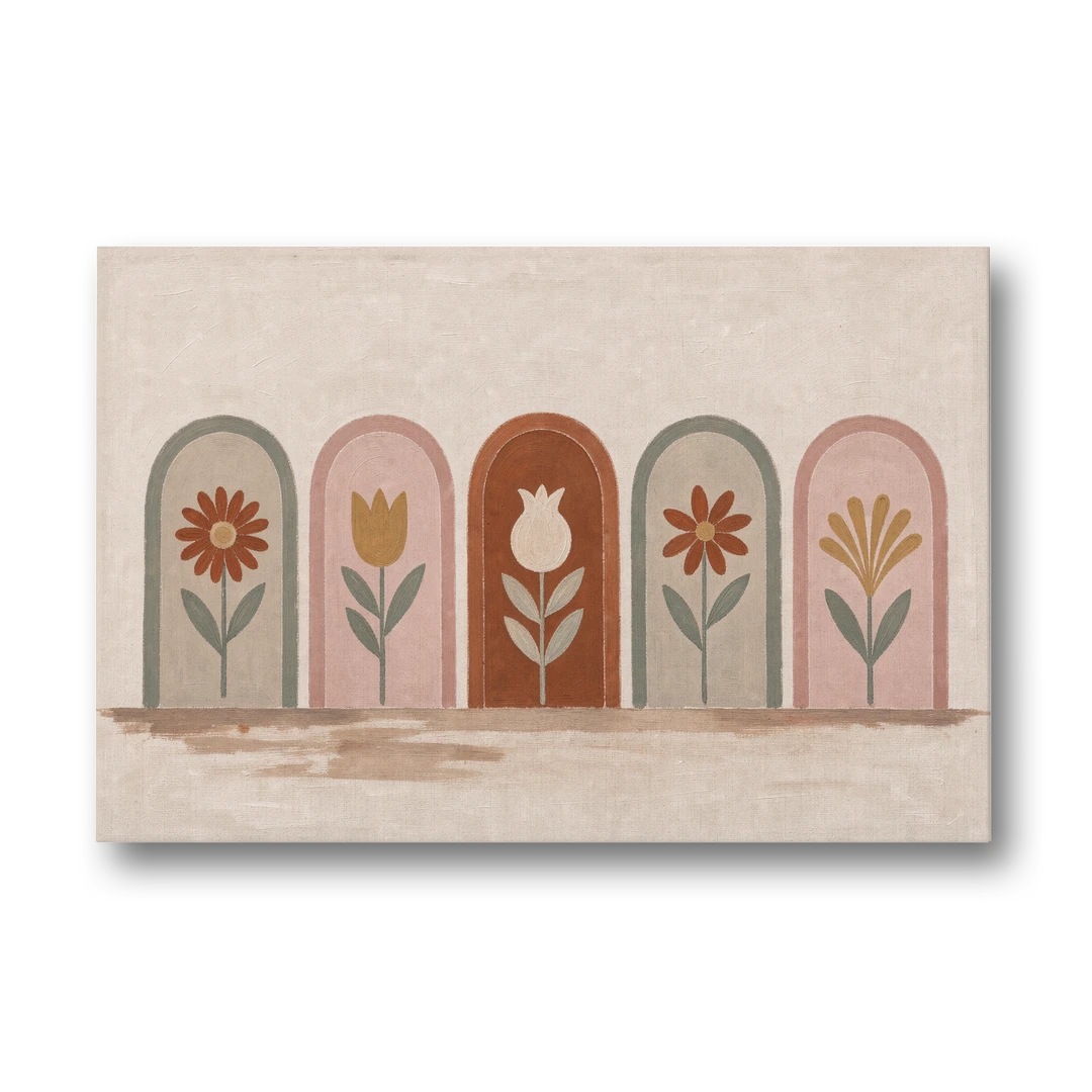 Folk Art Wall Decor with Five Flower Arches - Canvas Wall Art - Front