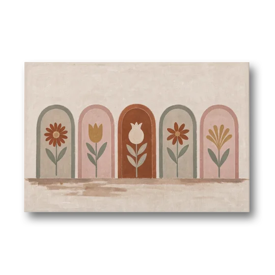 Folk Art Wall Decor with Five Flower Arches - Canvas Wall Art - Front