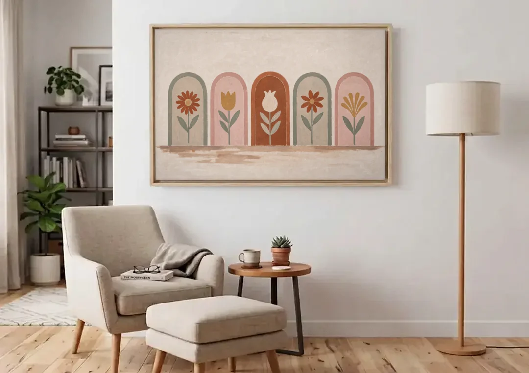 Folk Art Wall Decor with Five Flower Arches canvas wall art above an armchair in a bright living room