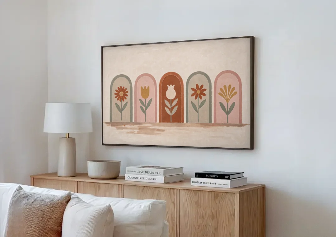 Folk Art Wall Decor with Five Flower Arches canvas wall art above a wooden sideboard next to a sofa