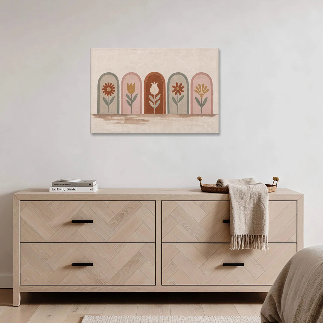 Folk Art Wall Decor with Five Flower Arches - Canvas Wall Art - Coffee Table - 36x24