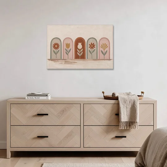 Folk Art Wall Decor with Five Flower Arches - Canvas Wall Art - Coffee Table - 36x24