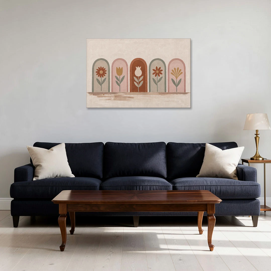 Folk Art Wall Decor with Five Flower Arches - Canvas Wall Art - Sofa - 36x24