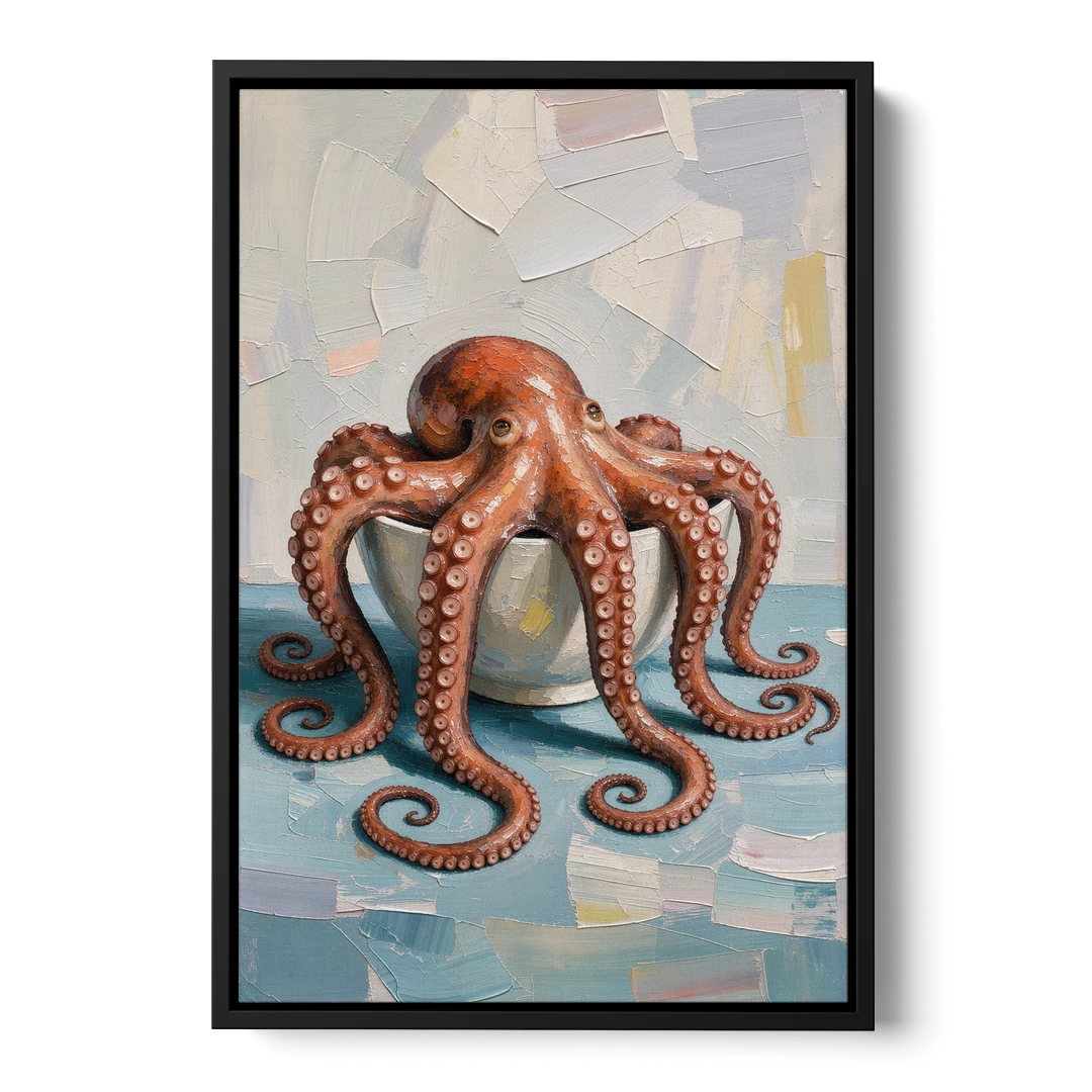 Food Still Life Painting of Octopus in a Bowl - Black Framed Canvas Wall Art - Front