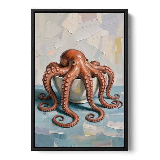 Food Still Life Painting of Octopus in a Bowl - Black Framed Canvas Wall Art - Front