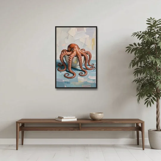Food Still Life Painting of Octopus in a Bowl - Black Framed Canvas Wall Art - Coffee Table - 24x36