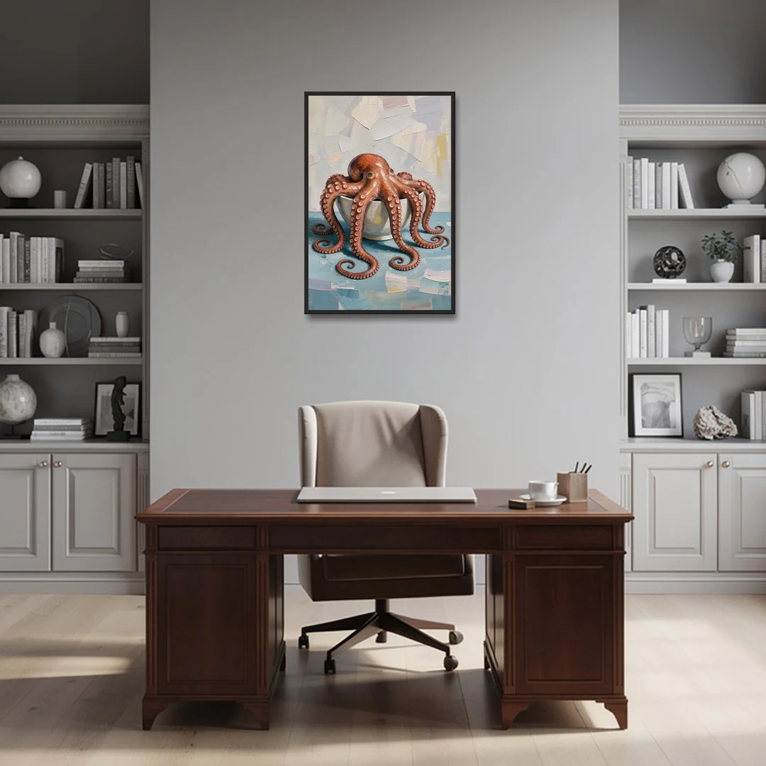 Food Still Life Painting of Octopus in a Bowl - Black Framed Canvas Wall Art - Office - 24x36