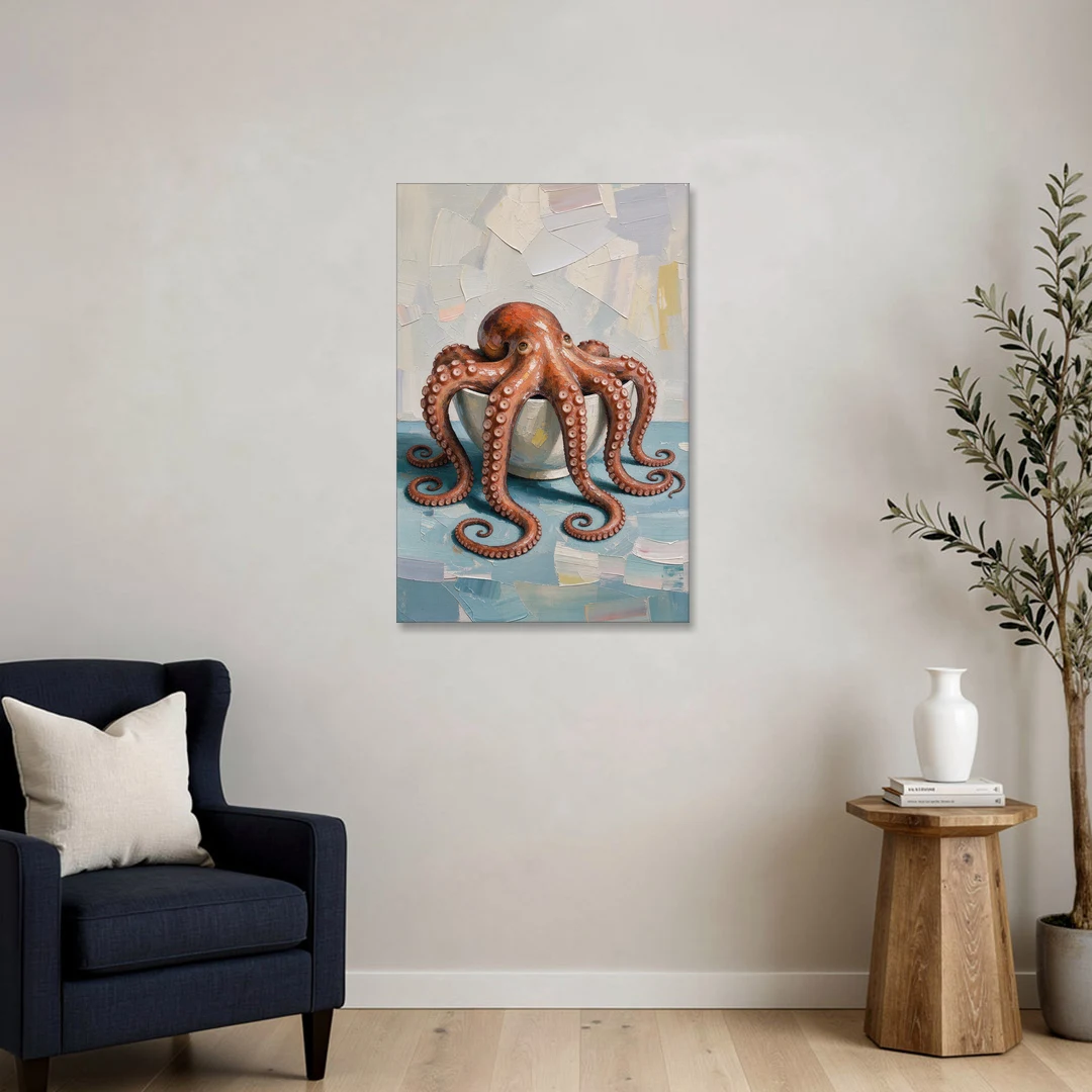Food Still Life Painting of Octopus in a Bowl - Canvas Wall Art - Sofa - 24x36
