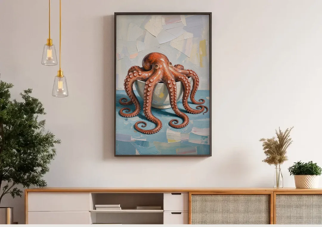 Food Still Life Painting of Octopus in a Bowl canvas wall art above a wooden sideboard under pendant lights