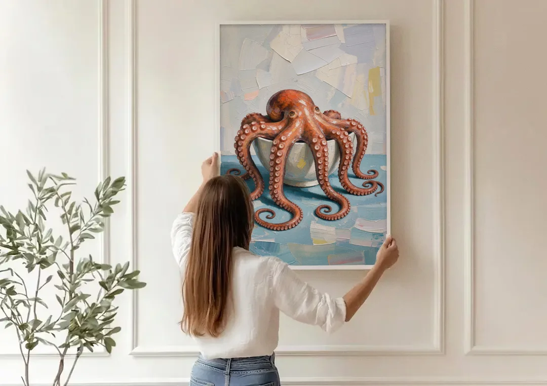 Food Still Life Painting of Octopus in a Bowl canvas wall art being hung on a paneled wall
