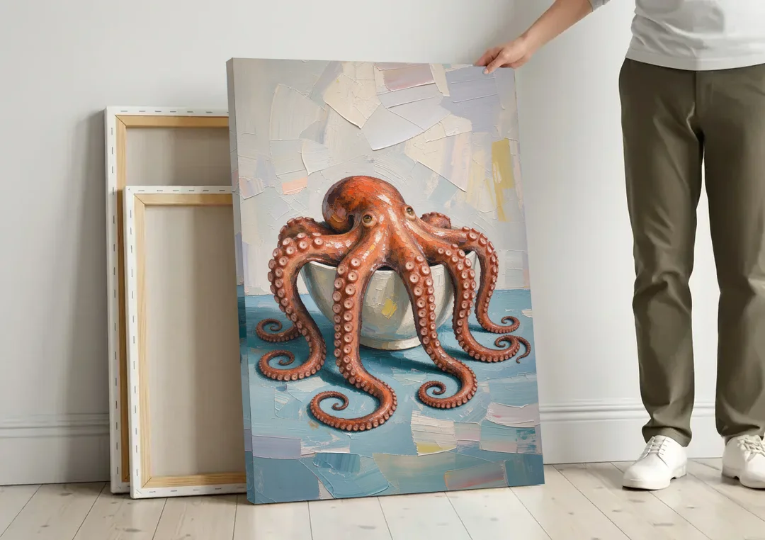 Food Still Life Painting of Octopus in a Bowl canvas wall art leaning against a wall next to blank canvases