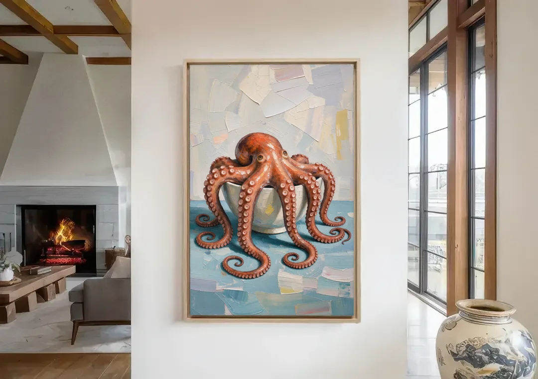 Food Still Life Painting of Octopus in a Bowl canvas wall art in a living room with a fireplace