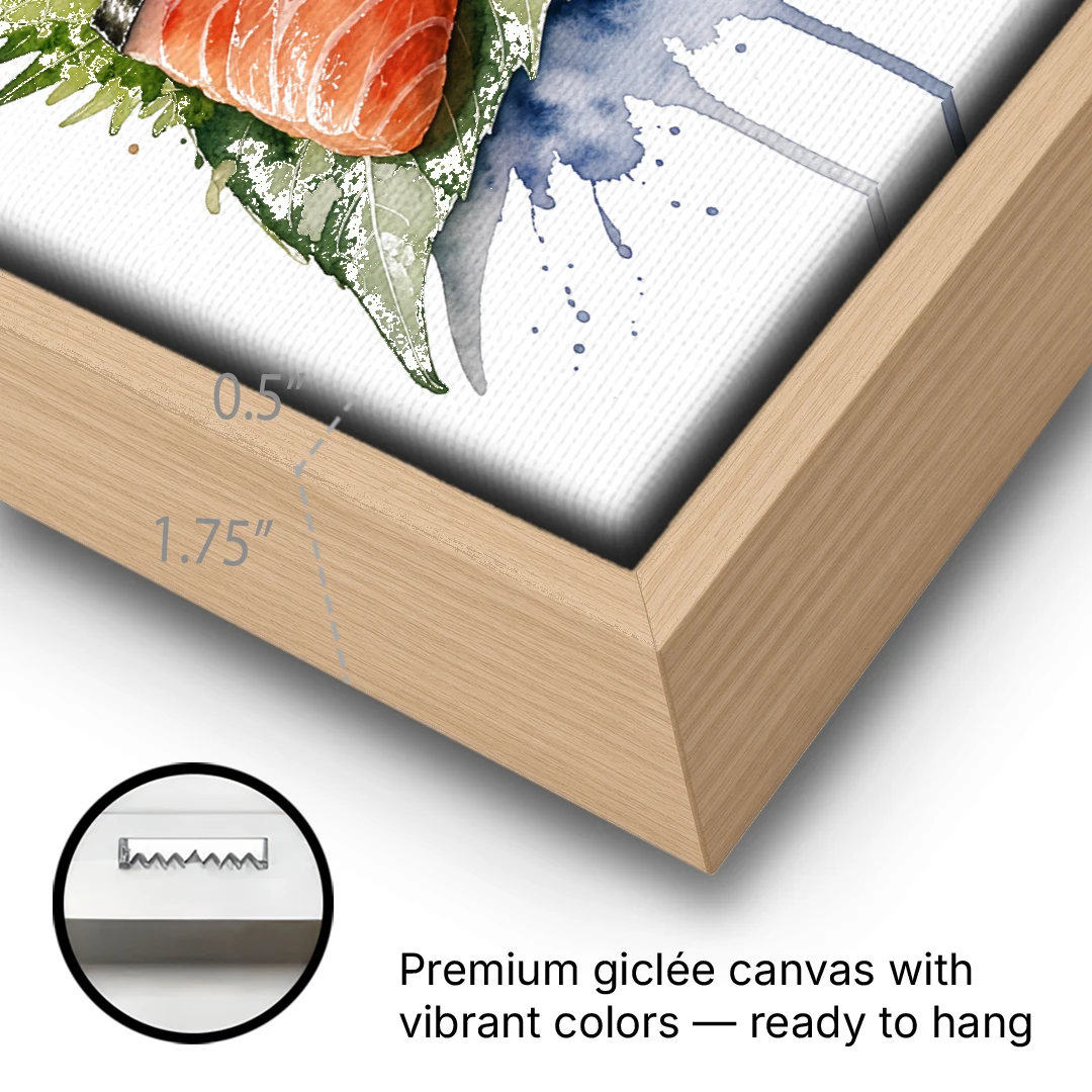 Foodie Wall Art of Sashimi on a Shiso Leaf - Oak Framed Canvas Wall Art - Gallery Wrap Corner