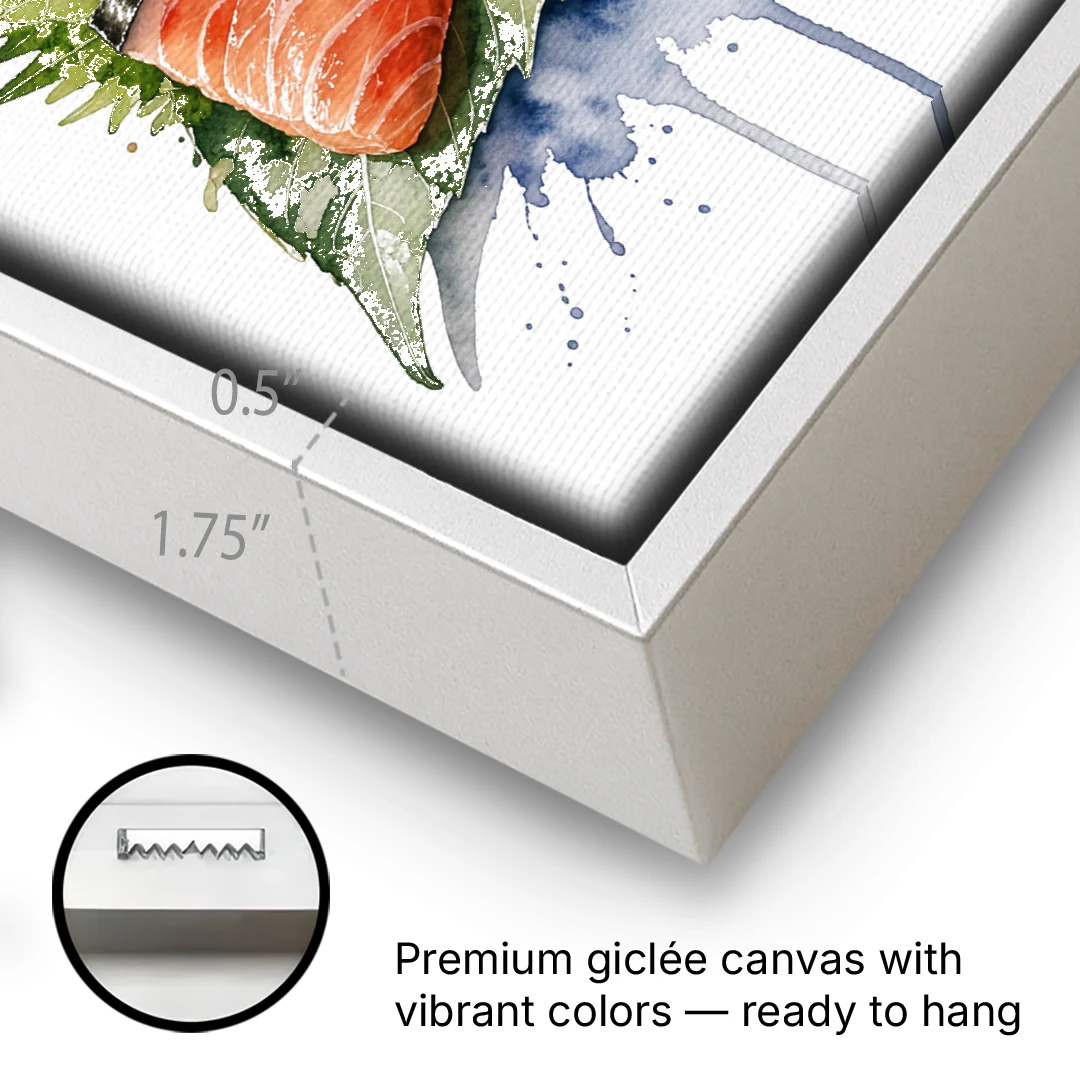 Foodie Wall Art of Sashimi on a Shiso Leaf - White Framed Canvas Wall Art - Gallery Wrap Corner