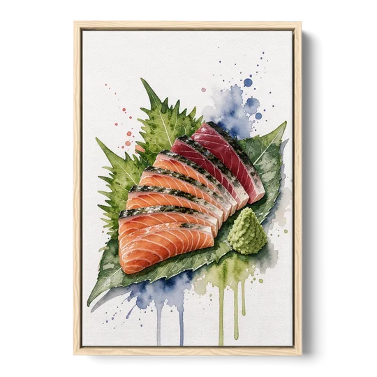 Foodie Wall Art of Sashimi on a Shiso Leaf - Oak Framed Canvas Wall Art - Front