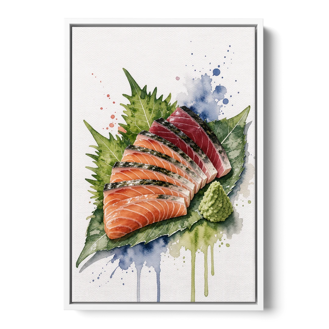 Foodie Wall Art of Sashimi on a Shiso Leaf - White Framed Canvas Wall Art - Front