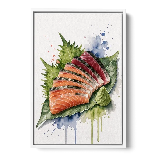 Foodie Wall Art of Sashimi on a Shiso Leaf - White Framed Canvas Wall Art - Front