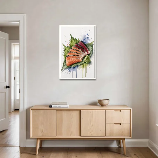 Foodie Wall Art of Sashimi on a Shiso Leaf - White Framed Canvas Wall Art - Coffee Table - 24x36