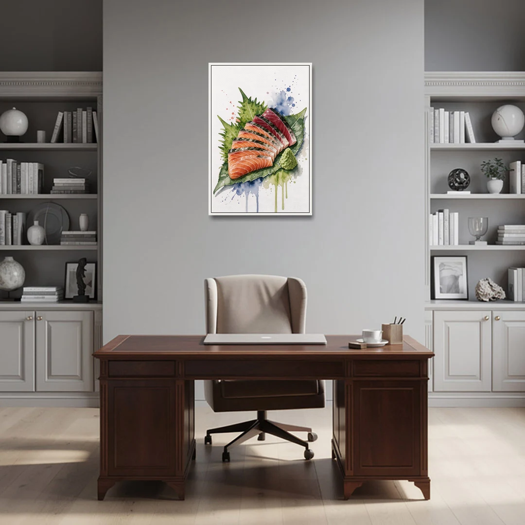Foodie Wall Art of Sashimi on a Shiso Leaf - White Framed Canvas Wall Art - Office - 24x36