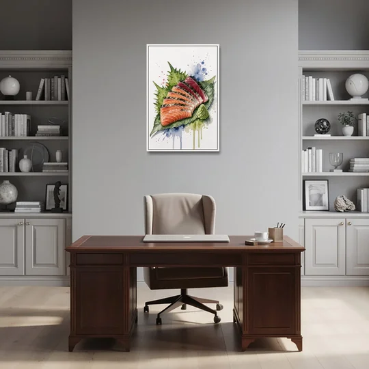 Foodie Wall Art of Sashimi on a Shiso Leaf - White Framed Canvas Wall Art - Office - 24x36