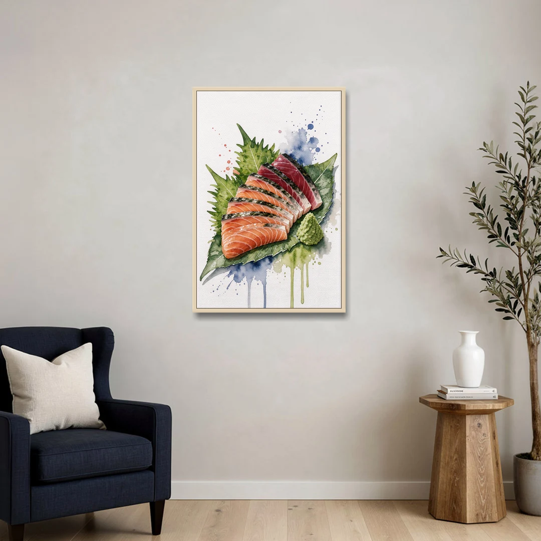 Foodie Wall Art of Sashimi on a Shiso Leaf - Oak Framed Canvas Wall Art - Sofa - 24x36