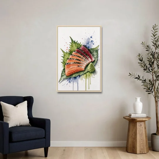 Foodie Wall Art of Sashimi on a Shiso Leaf - Oak Framed Canvas Wall Art - Sofa - 24x36