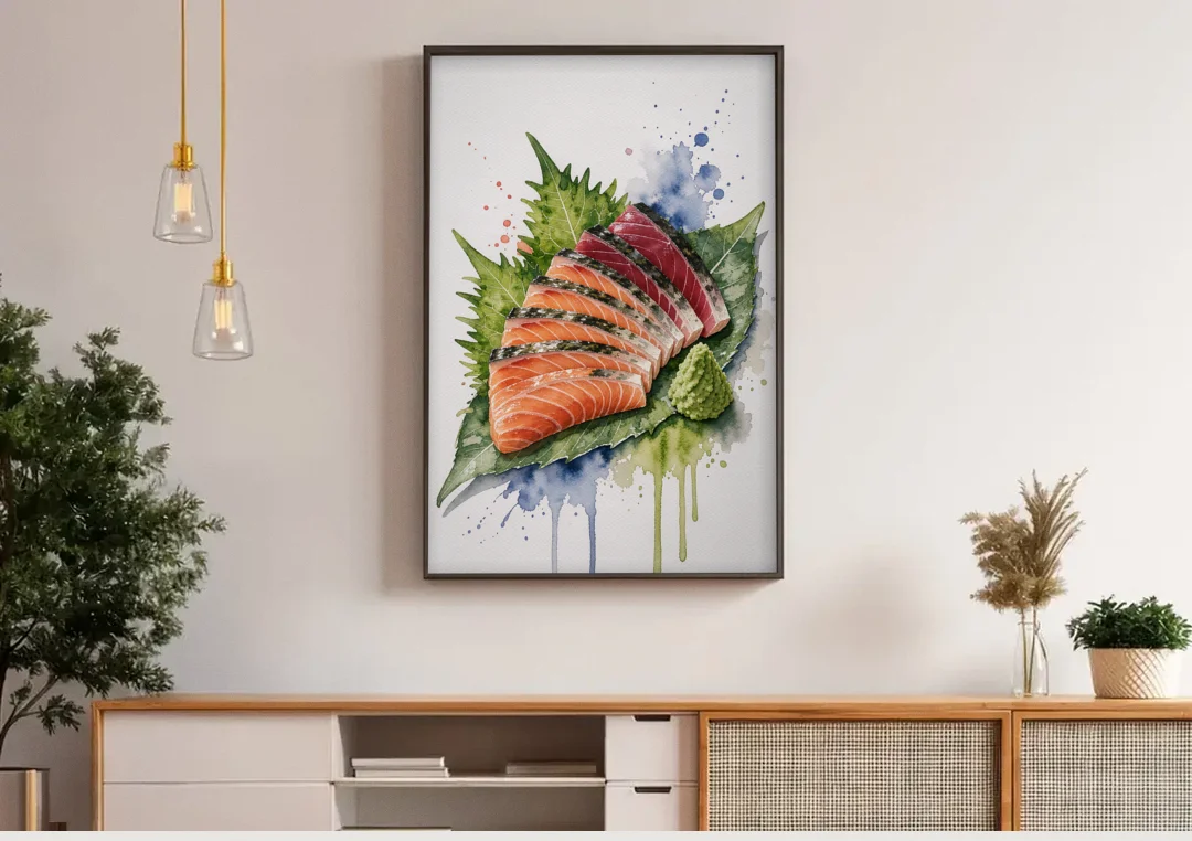Foodie Wall Art of Sashimi on a Shiso Leaf canvas wall art above a wooden sideboard under pendant lights