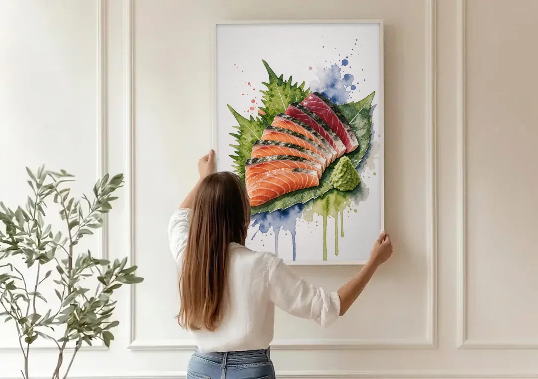 Foodie Wall Art of Sashimi on a Shiso Leaf canvas wall art being hung on a paneled wall