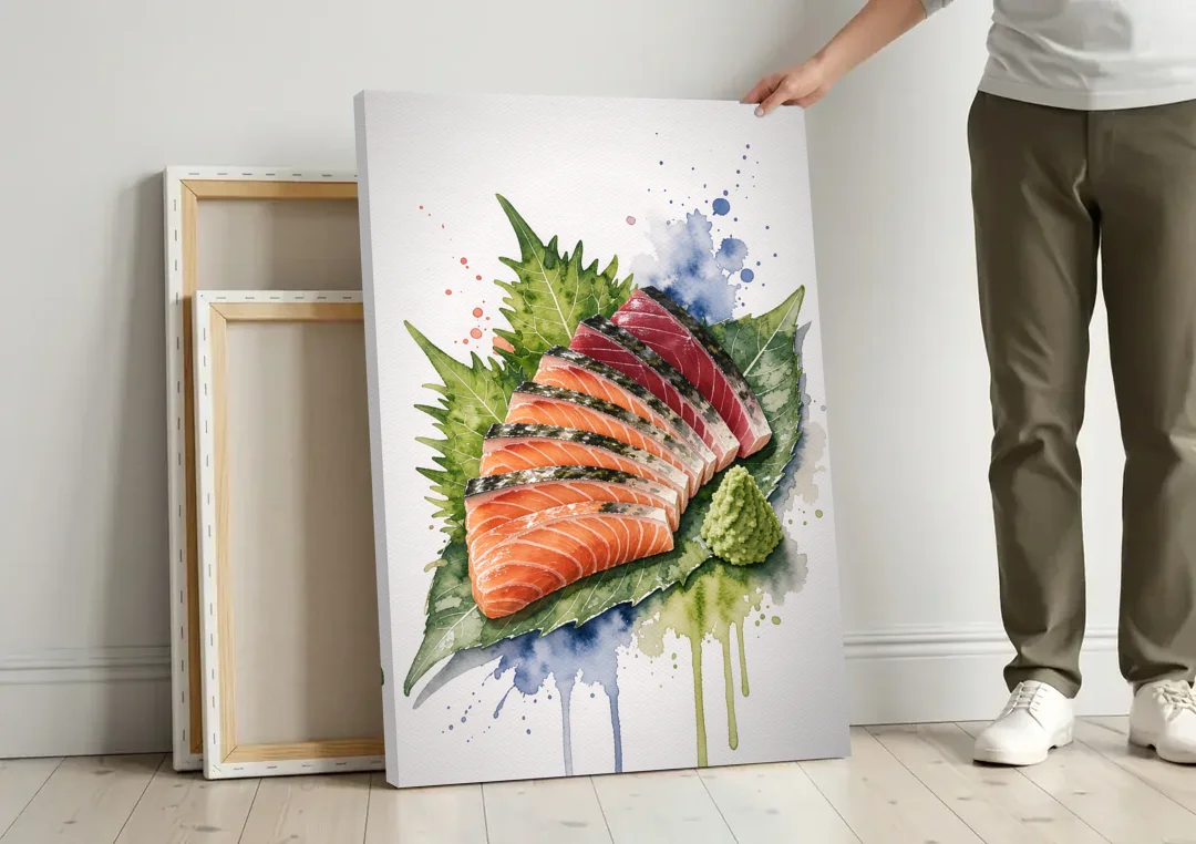 Foodie Wall Art of Sashimi on a Shiso Leaf canvas wall art leaning against a wall next to blank canvases
