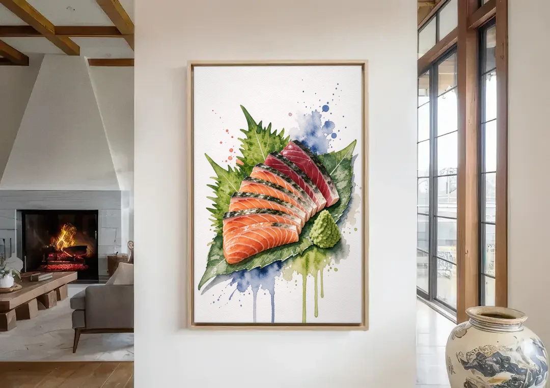 Foodie Wall Art of Sashimi on a Shiso Leaf canvas wall art in a living room with a fireplace