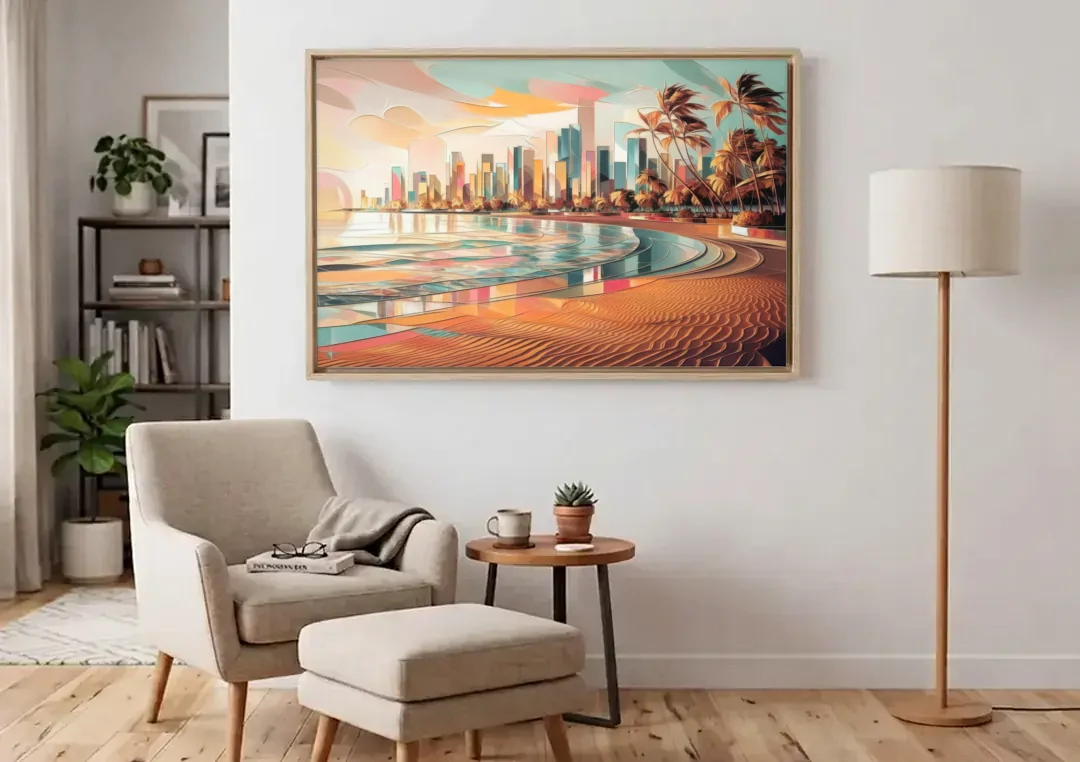 Fort Lauderdale Beach Sunrise canvas wall art above an armchair in a bright living room