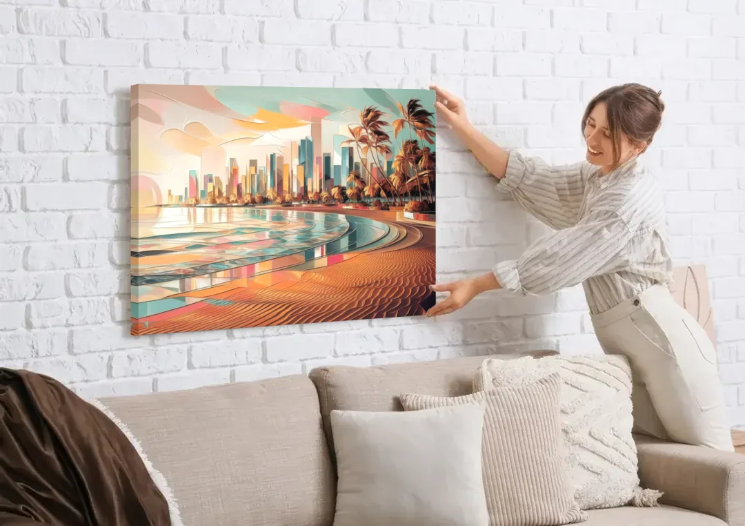 Fort Lauderdale Beach Sunrise canvas wall art being hung on a white brick wall above a sofa