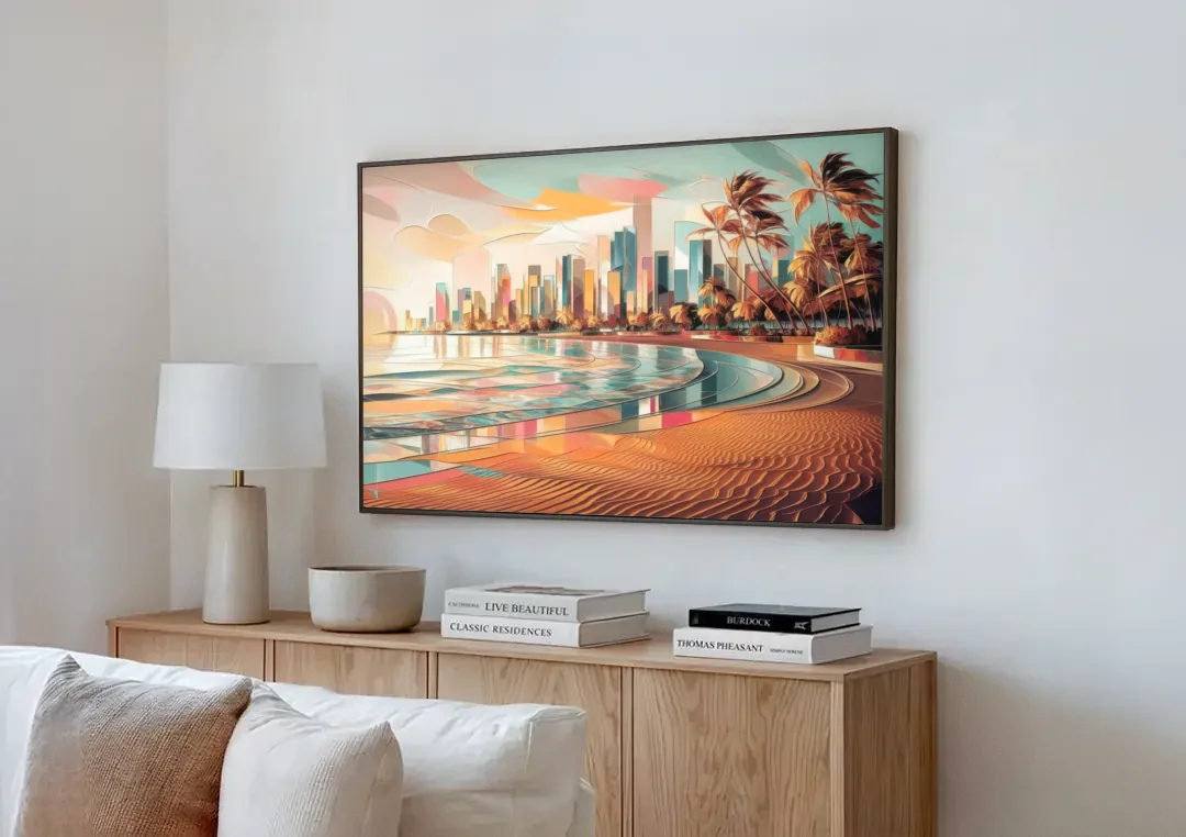 Fort Lauderdale Beach Sunrise canvas wall art above a wooden sideboard next to a sofa