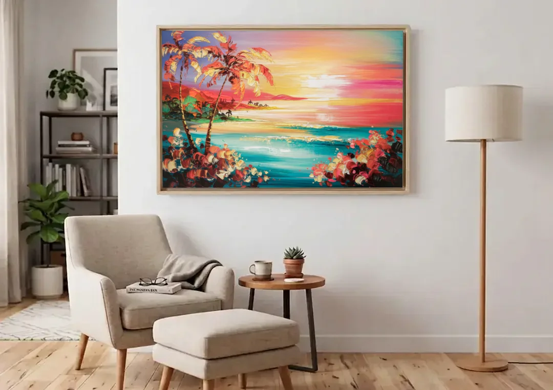 Fort Lauderdale Coastal Sunset canvas wall art above an armchair in a bright living room