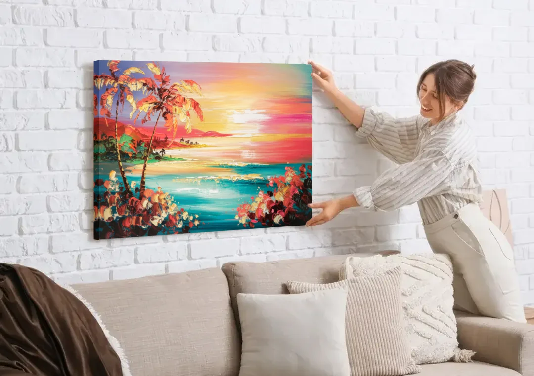 Fort Lauderdale Coastal Sunset canvas wall art being hung on a white brick wall above a sofa