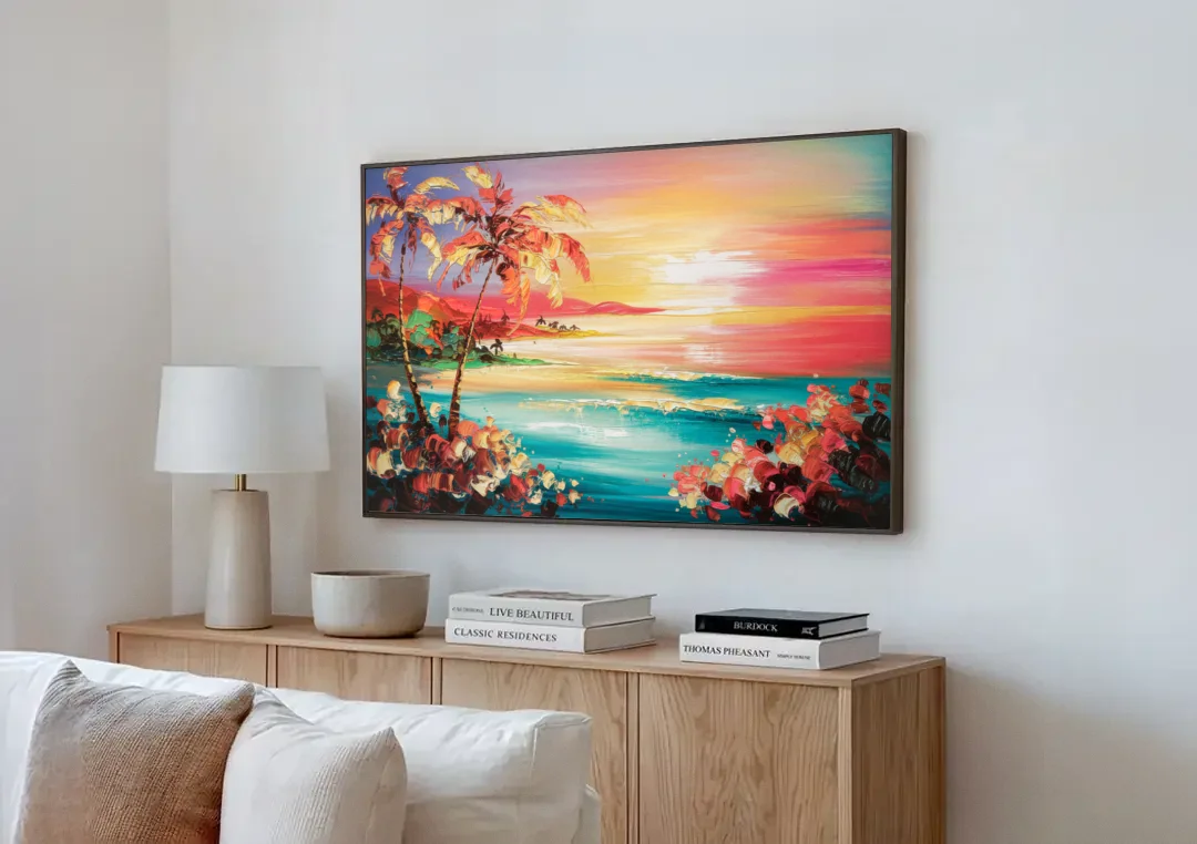 Fort Lauderdale Coastal Sunset canvas wall art above a wooden sideboard next to a sofa