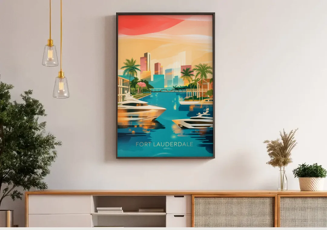Fort Lauderdale Intracoastal Waterway canvas wall art above a wooden sideboard under pendant lights