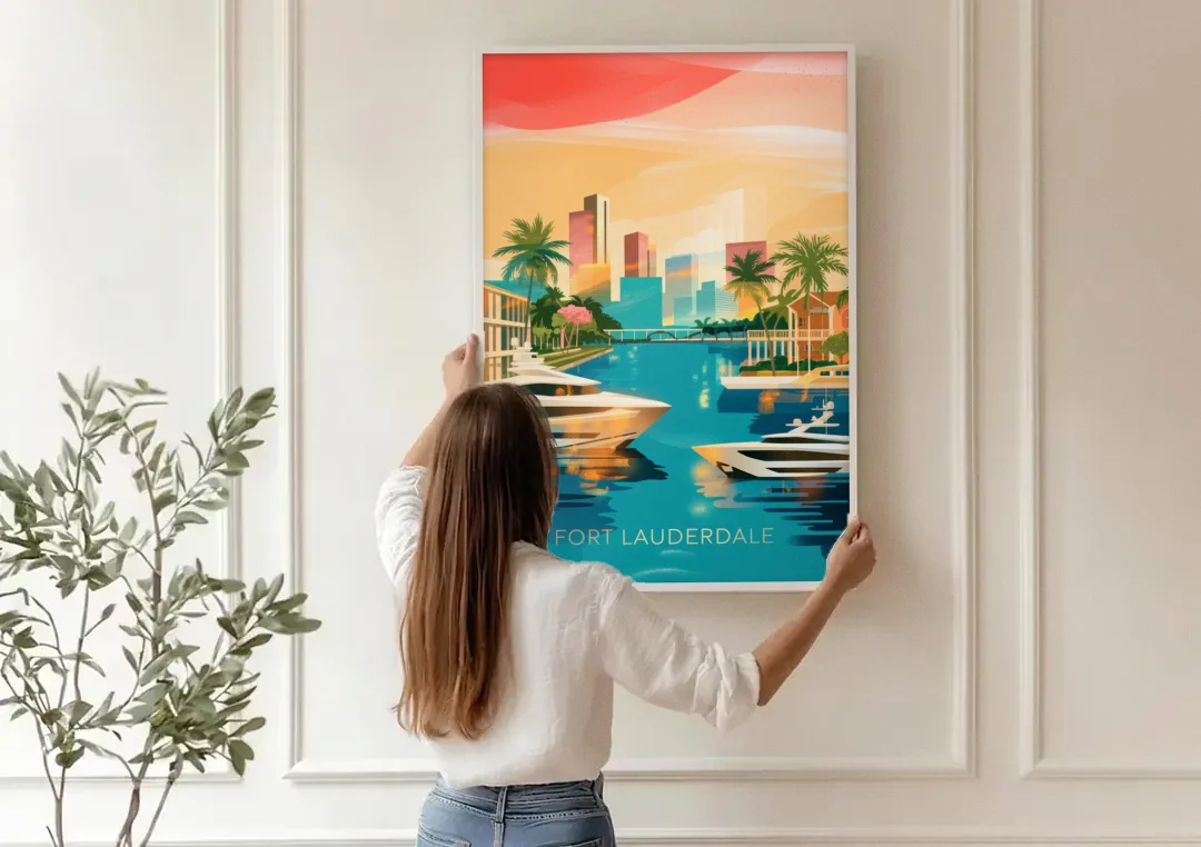 Fort Lauderdale Intracoastal Waterway canvas wall art being hung on a paneled wall