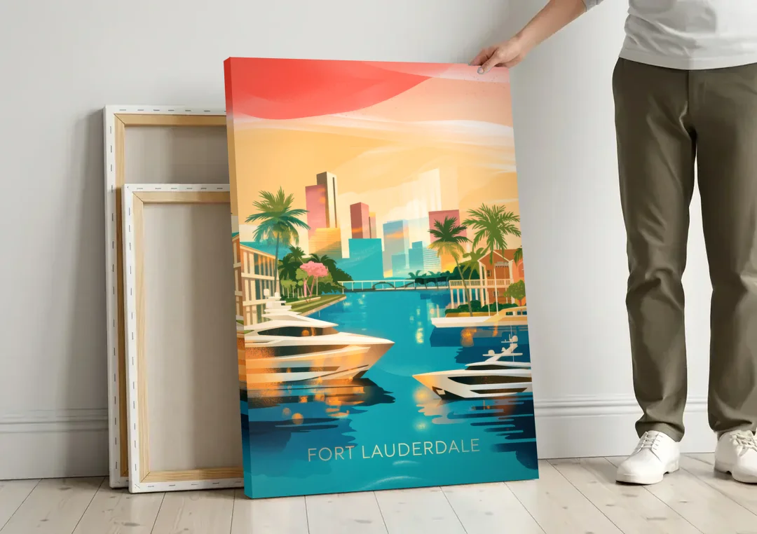Fort Lauderdale Intracoastal Waterway canvas wall art leaning against a wall next to blank canvases