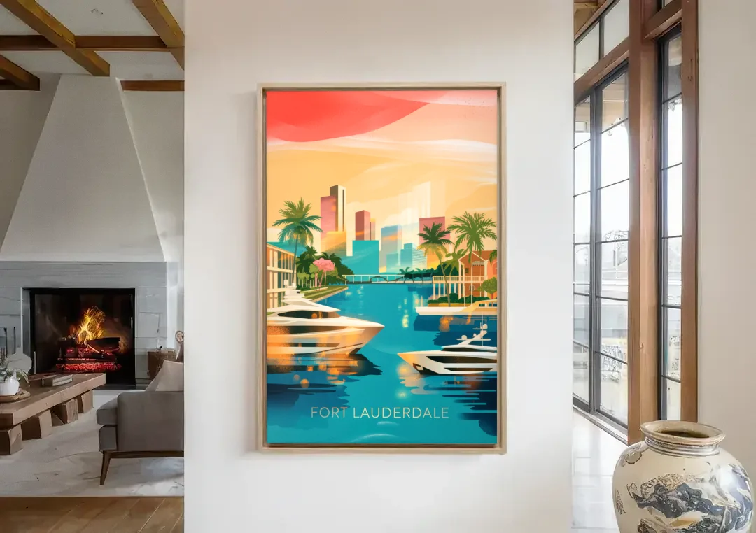 Fort Lauderdale Intracoastal Waterway canvas wall art in a living room with a fireplace