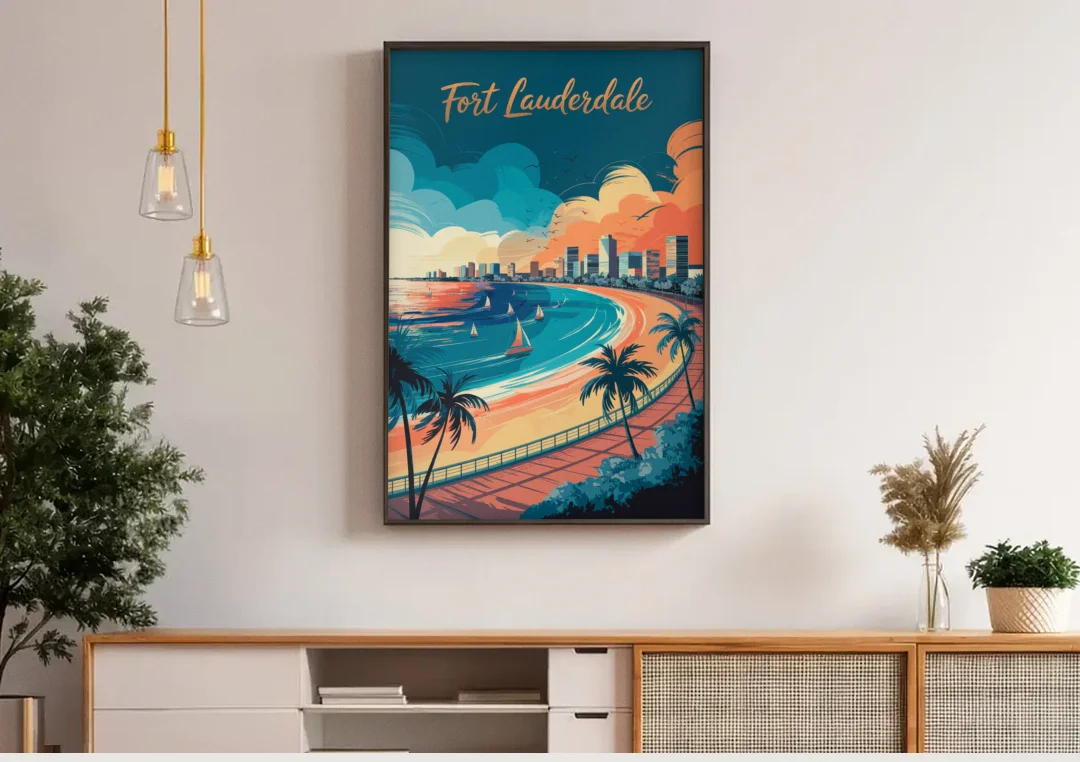 Fort Lauderdale Oceanfront Views canvas wall art above a wooden sideboard under pendant lights